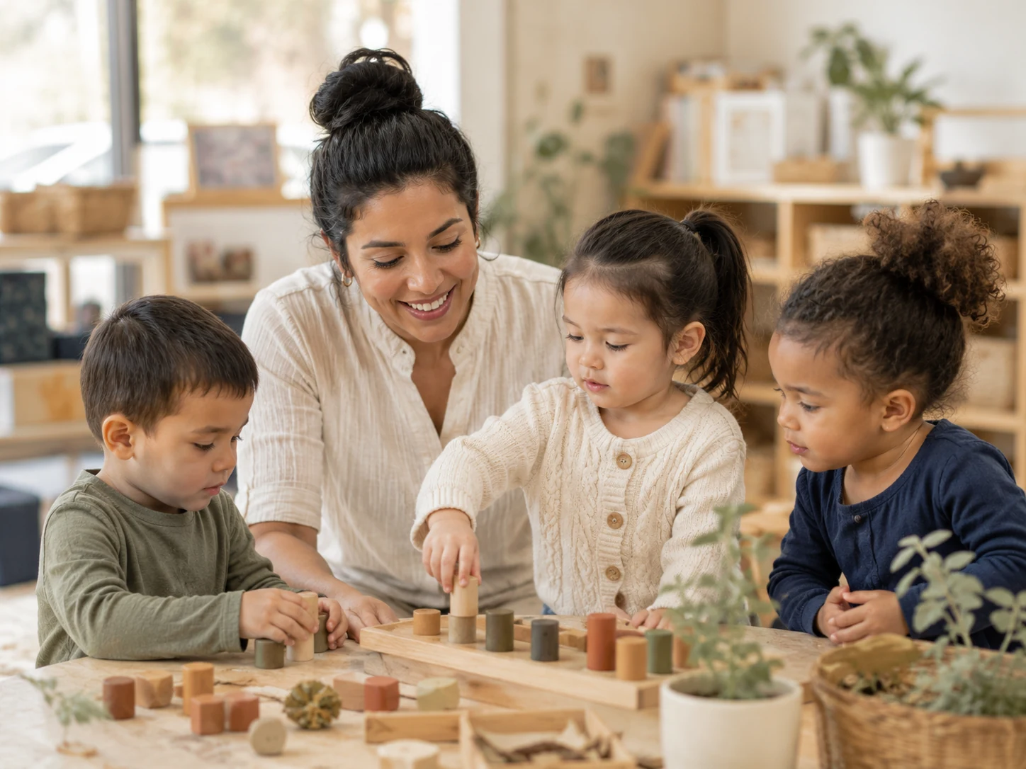 Educator guiding a multicultural group of young children in a calm classroom