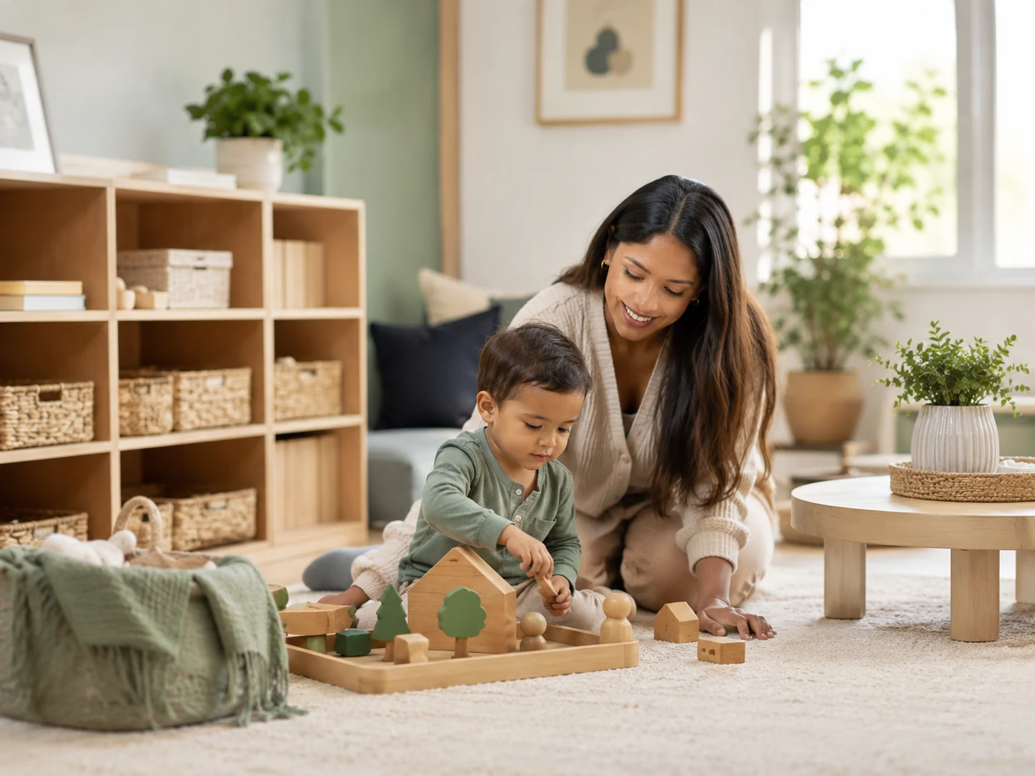 Intentional child-friendly environment with a caregiver and toddler in a thoughtfully designed play space