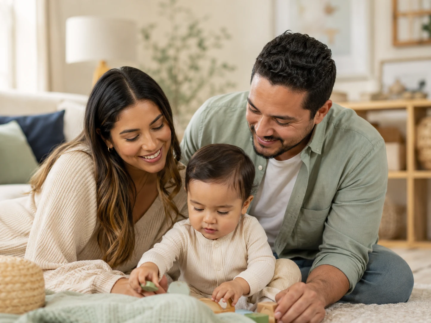 Multicultural family with a toddler playing together in a warm home setting